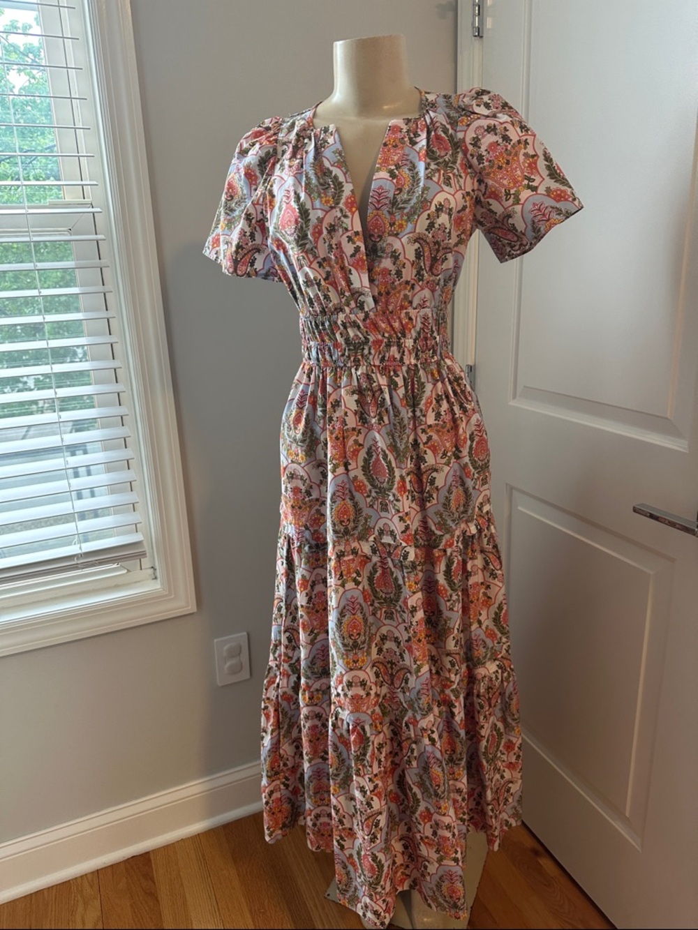 Floral Paisley Pink Maxi Dress with Smocked Waist, pockets
